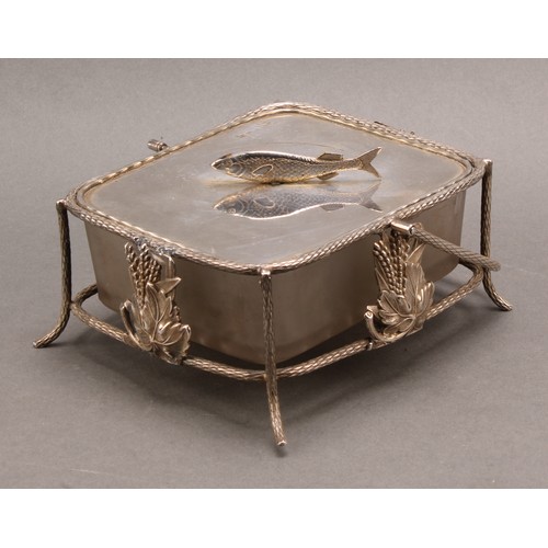 696 - A Victorian E.P.N.S sardine box, fish finial, swing handle, frosted glass liner, 14.5cm wide, c.1880