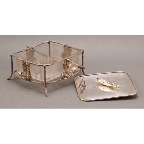 696 - A Victorian E.P.N.S sardine box, fish finial, swing handle, frosted glass liner, 14.5cm wide, c.1880