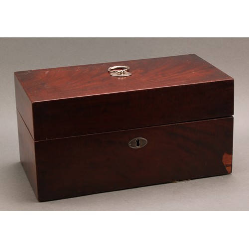 2196 - A George III silver mounted mahogany rectangular tea caddy box, hinged cover, the interior fitted fo... 