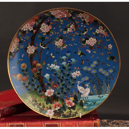 1317 - A Chinese cloisonné enamel circular dish, decorated with a pair of cranes among garden birds and blo... 