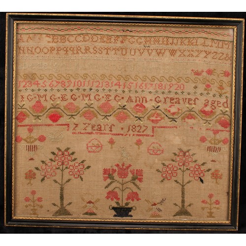 610 - A George IV alphabet and pictorial needlework sampler, by Ann Greaver aged 7, 1827, 38cm x 43cm