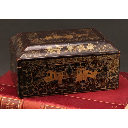 1291 - A 19th century Chinese papier mache lacquer tea caddy, decorated in gilt with scholars in garden set... 