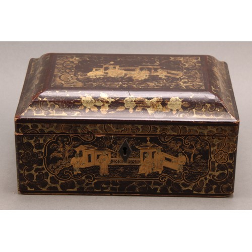 1291 - A 19th century Chinese papier mache lacquer tea caddy, decorated in gilt with scholars in garden set... 