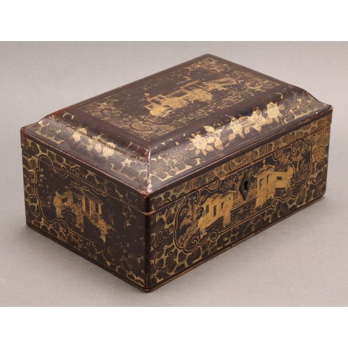 1291 - A 19th century Chinese papier mache lacquer tea caddy, decorated in gilt with scholars in garden set... 