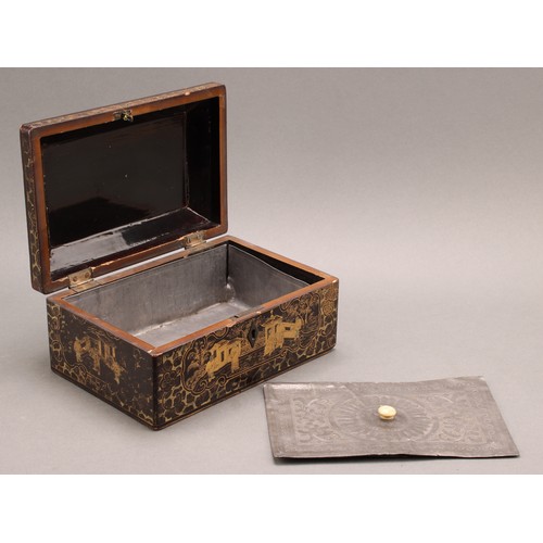 1291 - A 19th century Chinese papier mache lacquer tea caddy, decorated in gilt with scholars in garden set... 