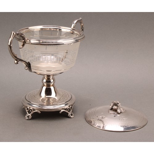 745 - A French silver and frosted glass pedestal table centre 
 sweetmeat vase and cover, engraved and etc... 