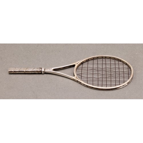 903 - A Sacchetti silver miniature model, of a tennis racket, 14cm long, import marks, 925