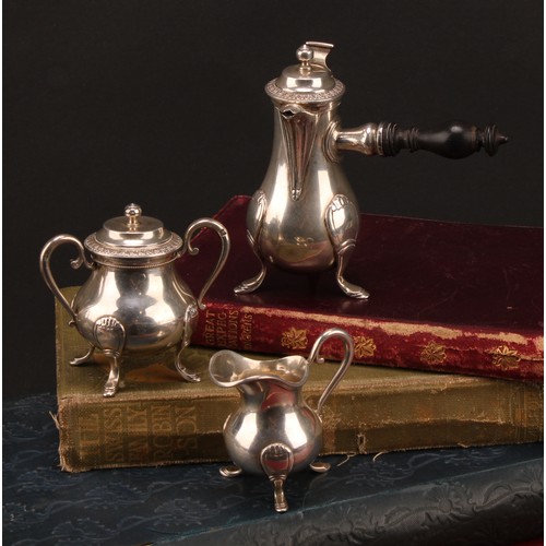 748 - A French silver miniature toy coffee service, comprising side-handled poit, cream jug and sucrier, o... 