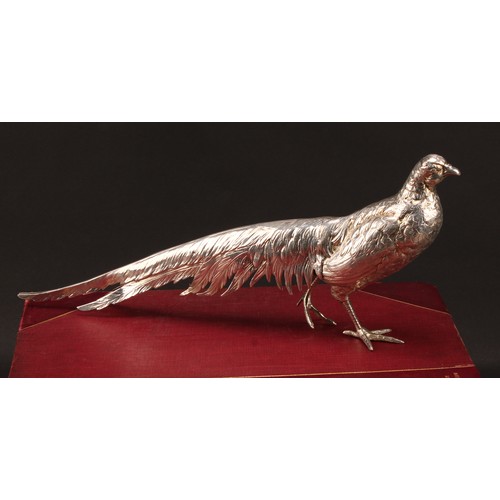 839 - A large Continental silver novelty table decoration, cast as a pheasant, 32cm long, marked Silver, 4... 