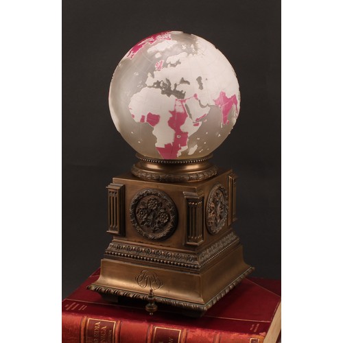 2338 - An early 20th century bronze and cameo glass cartographic table lamp, possibly an exhibition piece, ... 