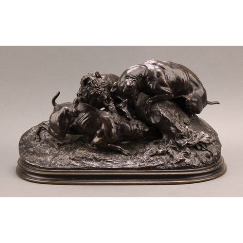 2567 - Pierre Jules Mene (1810 - 1879), after, a large brown patinated bronze, Hunting Dogs, signed in the ... 