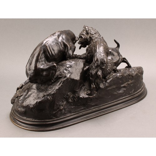 2567 - Pierre Jules Mene (1810 - 1879), after, a large brown patinated bronze, Hunting Dogs, signed in the ... 