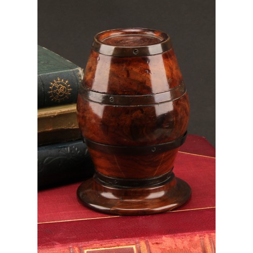 2192 - Treen - a 19th century lignum vitae barrel shaped string box, turned base, 12cm high, c.1880