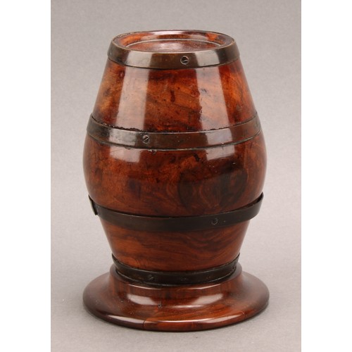 2192 - Treen - a 19th century lignum vitae barrel shaped string box, turned base, 12cm high, c.1880