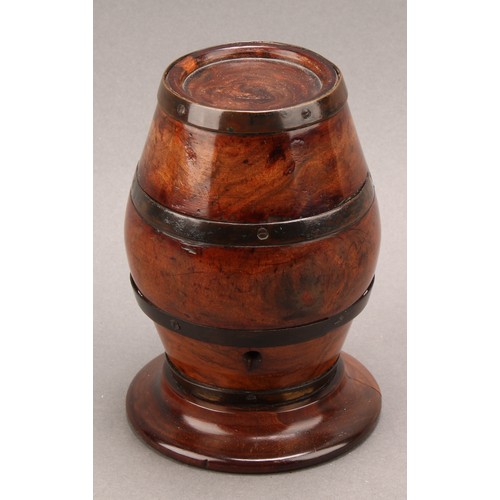 2192 - Treen - a 19th century lignum vitae barrel shaped string box, turned base, 12cm high, c.1880