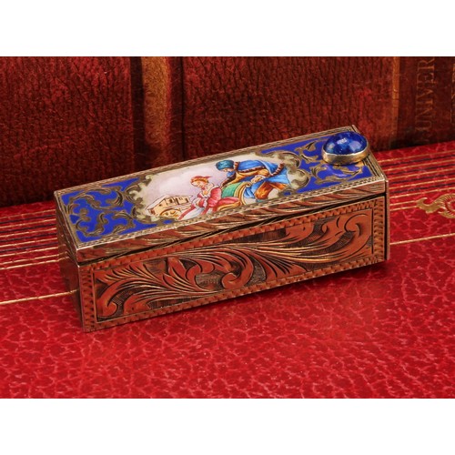 1399 - An Italian silver gilt rectangular lipstick case, decorated in polychrome enamels with figures by a ... 