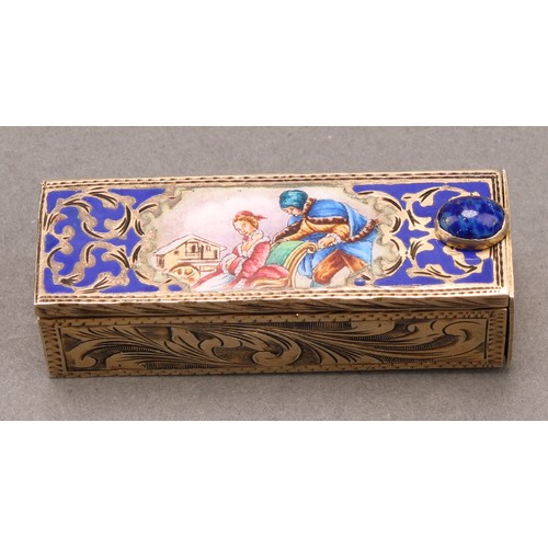 1399 - An Italian silver gilt rectangular lipstick case, decorated in polychrome enamels with figures by a ... 