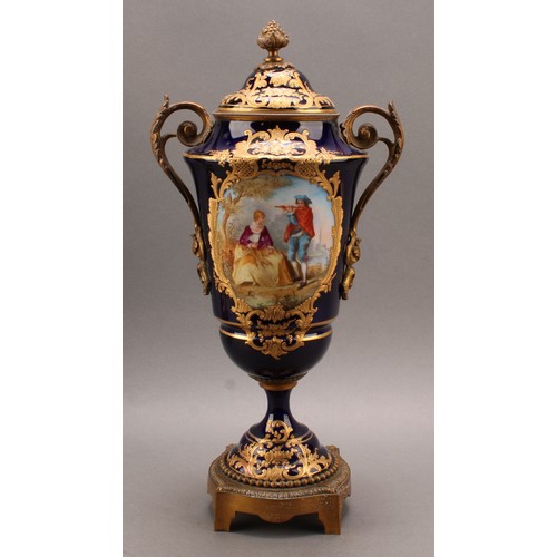 244 - A pair of 19th century Sèvres style ormolu mounted pedestal vases and covers, Louis XV in taste, app... 