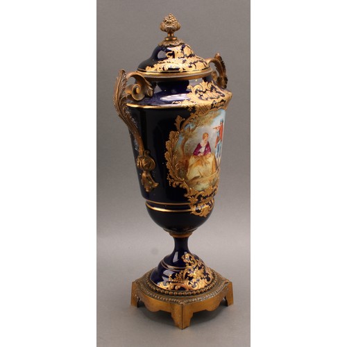 244 - A pair of 19th century Sèvres style ormolu mounted pedestal vases and covers, Louis XV in taste, app... 