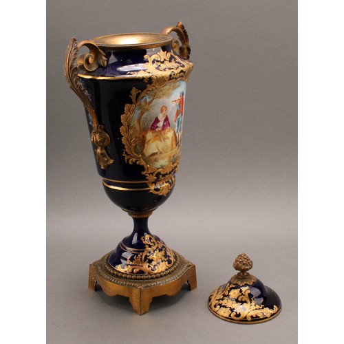 244 - A pair of 19th century Sèvres style ormolu mounted pedestal vases and covers, Louis XV in taste, app... 