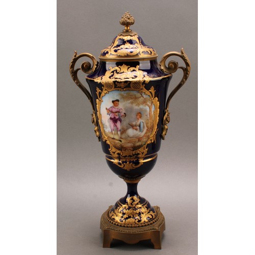 244 - A pair of 19th century Sèvres style ormolu mounted pedestal vases and covers, Louis XV in taste, app... 