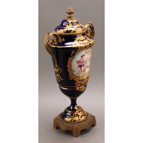 244 - A pair of 19th century Sèvres style ormolu mounted pedestal vases and covers, Louis XV in taste, app... 