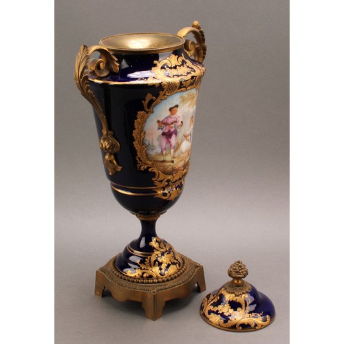 244 - A pair of 19th century Sèvres style ormolu mounted pedestal vases and covers, Louis XV in taste, app... 