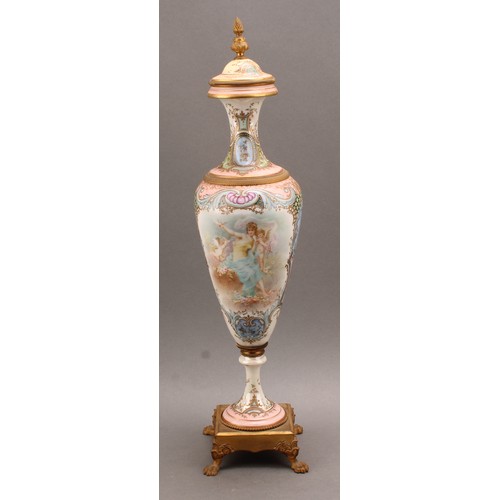 245 - A pair of 19th century Sèvres style ormolu mounted slender pedestal vases and covers, applied with t... 