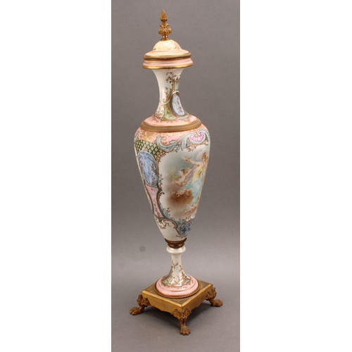 245 - A pair of 19th century Sèvres style ormolu mounted slender pedestal vases and covers, applied with t... 