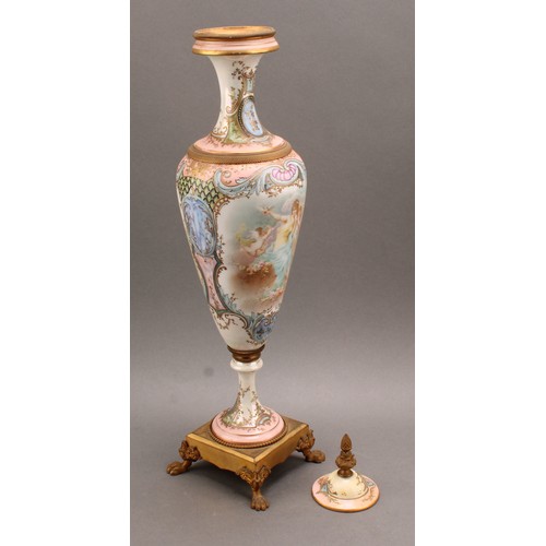 245 - A pair of 19th century Sèvres style ormolu mounted slender pedestal vases and covers, applied with t... 