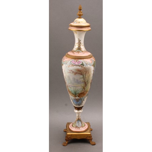 245 - A pair of 19th century Sèvres style ormolu mounted slender pedestal vases and covers, applied with t... 