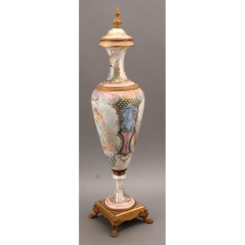 245 - A pair of 19th century Sèvres style ormolu mounted slender pedestal vases and covers, applied with t... 