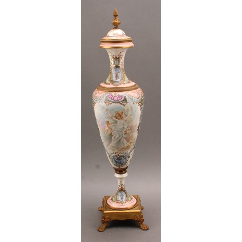 245 - A pair of 19th century Sèvres style ormolu mounted slender pedestal vases and covers, applied with t... 