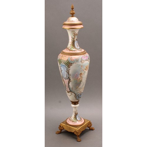 245 - A pair of 19th century Sèvres style ormolu mounted slender pedestal vases and covers, applied with t... 