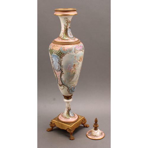 245 - A pair of 19th century Sèvres style ormolu mounted slender pedestal vases and covers, applied with t... 