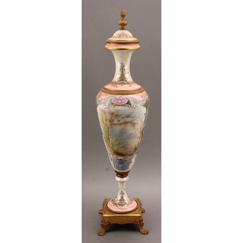 245 - A pair of 19th century Sèvres style ormolu mounted slender pedestal vases and covers, applied with t... 