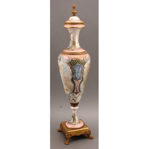 245 - A pair of 19th century Sèvres style ormolu mounted slender pedestal vases and covers, applied with t... 