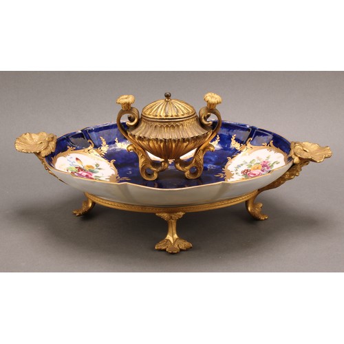 236 - A late 19th century Sèvres style ormolu mounted standish, the lobed oval porcelain dish applied with... 