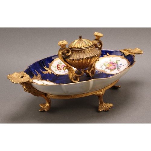 236 - A late 19th century Sèvres style ormolu mounted standish, the lobed oval porcelain dish applied with... 