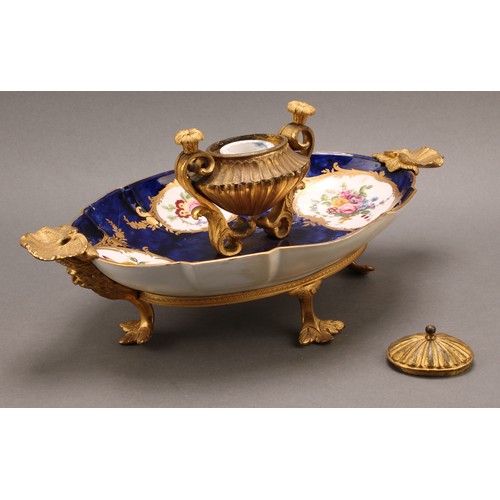 236 - A late 19th century Sèvres style ormolu mounted standish, the lobed oval porcelain dish applied with... 