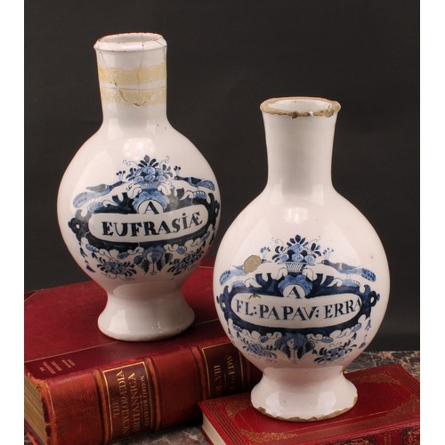 27 - A pair of 18th century Delft drug or pharmacy jars, footed void form with cylindrical collars, paint... 