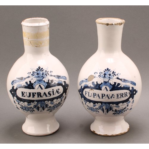 27 - A pair of 18th century Delft drug or pharmacy jars, footed void form with cylindrical collars, paint... 