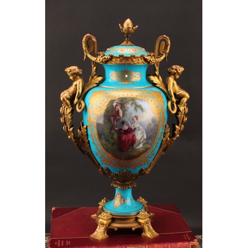 218 - A 19th century Sèvres style ormolu mounted pedestal vase and cover, applied with a tooled gilt carto... 