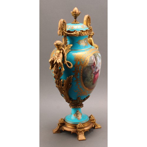 218 - A 19th century Sèvres style ormolu mounted pedestal vase and cover, applied with a tooled gilt carto... 