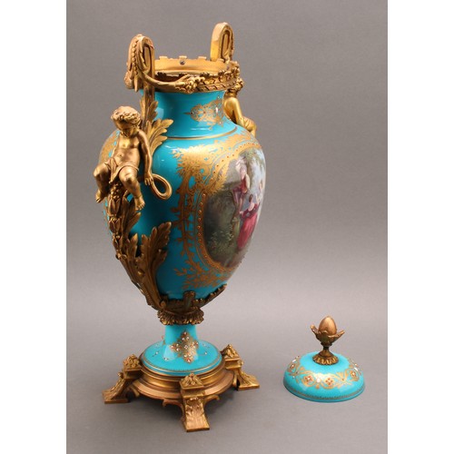 218 - A 19th century Sèvres style ormolu mounted pedestal vase and cover, applied with a tooled gilt carto... 