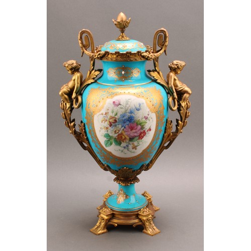 218 - A 19th century Sèvres style ormolu mounted pedestal vase and cover, applied with a tooled gilt carto... 