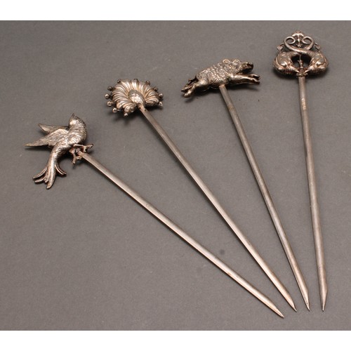 1139 - A set of four Belle Époque silver plated fruit skewers, topped with finely cast animals and fruit, 2... 