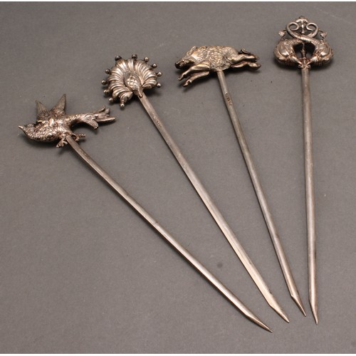 1139 - A set of four Belle Époque silver plated fruit skewers, topped with finely cast animals and fruit, 2... 