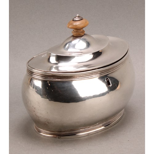 781 - A George III silver oval tea caddy, quite plain, hinged domed cover with fruitwood finial, reeded bo... 