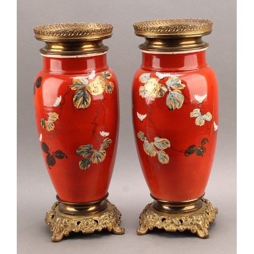 1366 - A pair of Japanese Meiji Period gilt metal mounted vases, converted to lamps, painted in the Satsuma... 